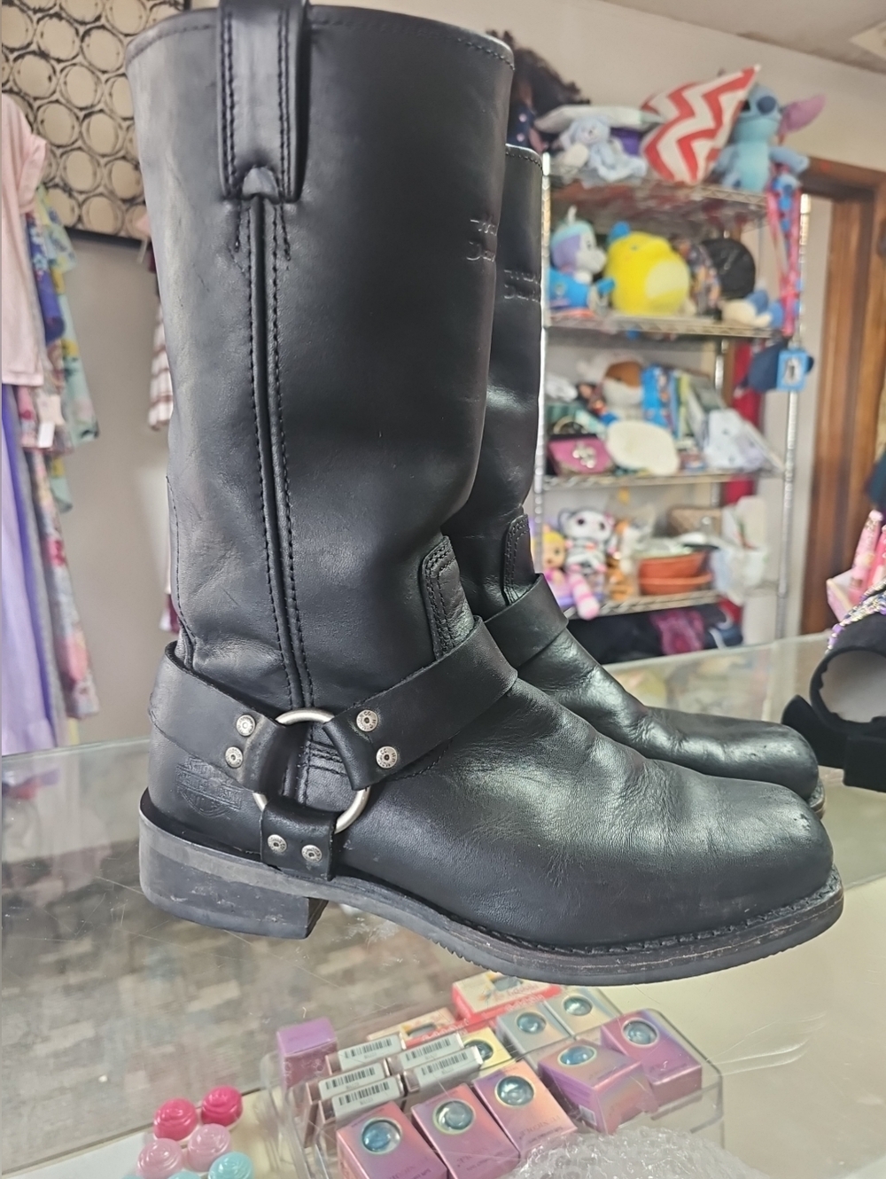 HARLEY DAVIDSON MOTORCYCLE SQUARE TOE BOOTS BLACK LEATHER VINTAGE USA 9.5 M